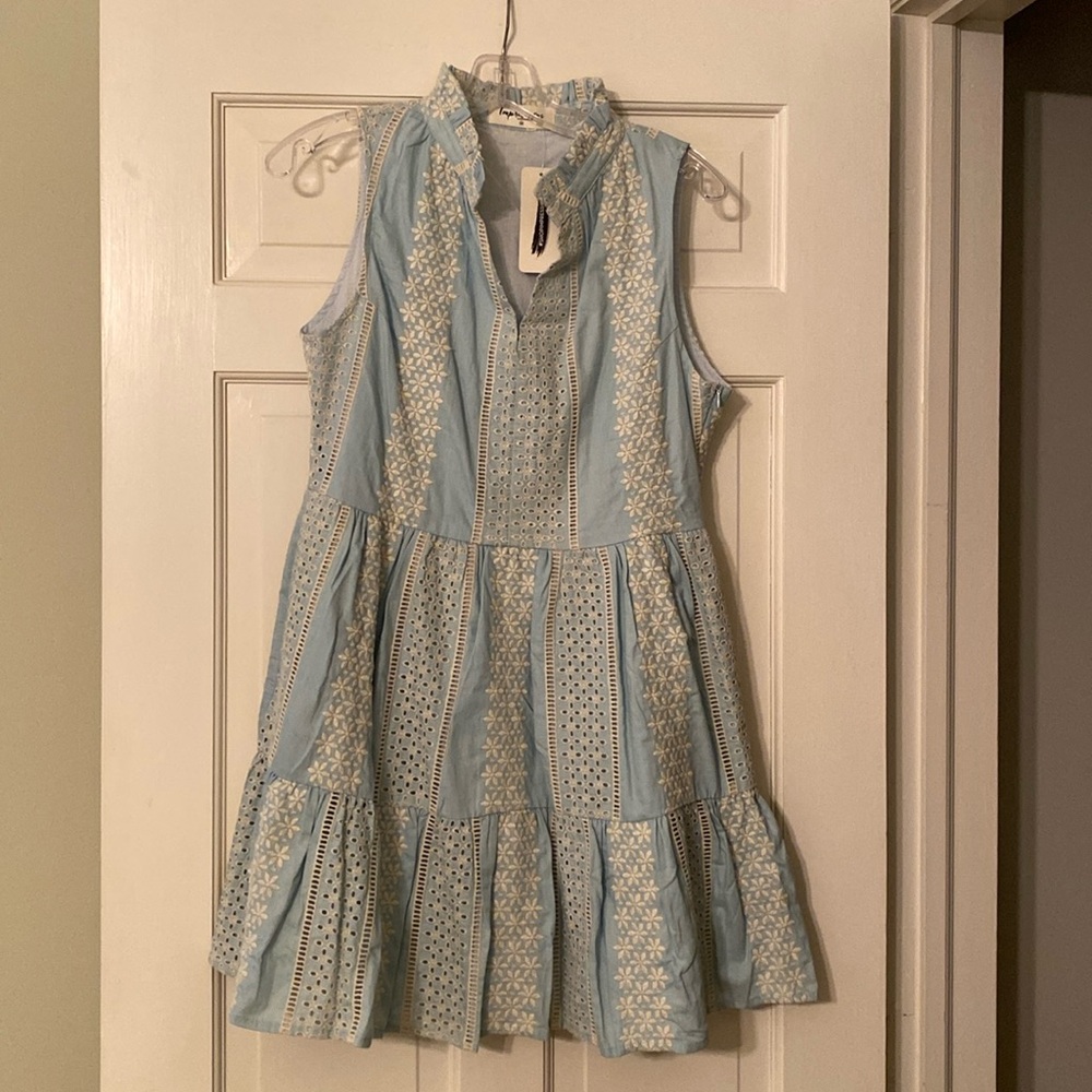NWT Impressions mini dress, M, light blue and white eyelet.